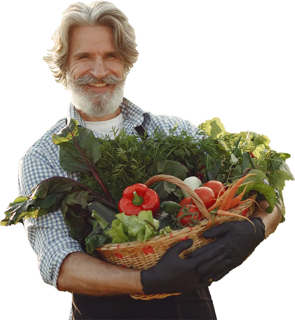 Farmer holding basket of vegetables