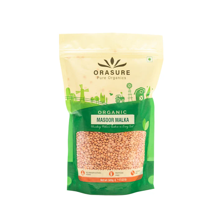 Orasure Organic Masoor Malka (Dal) 500g (Pack of 1)| Tasty Red Lentils