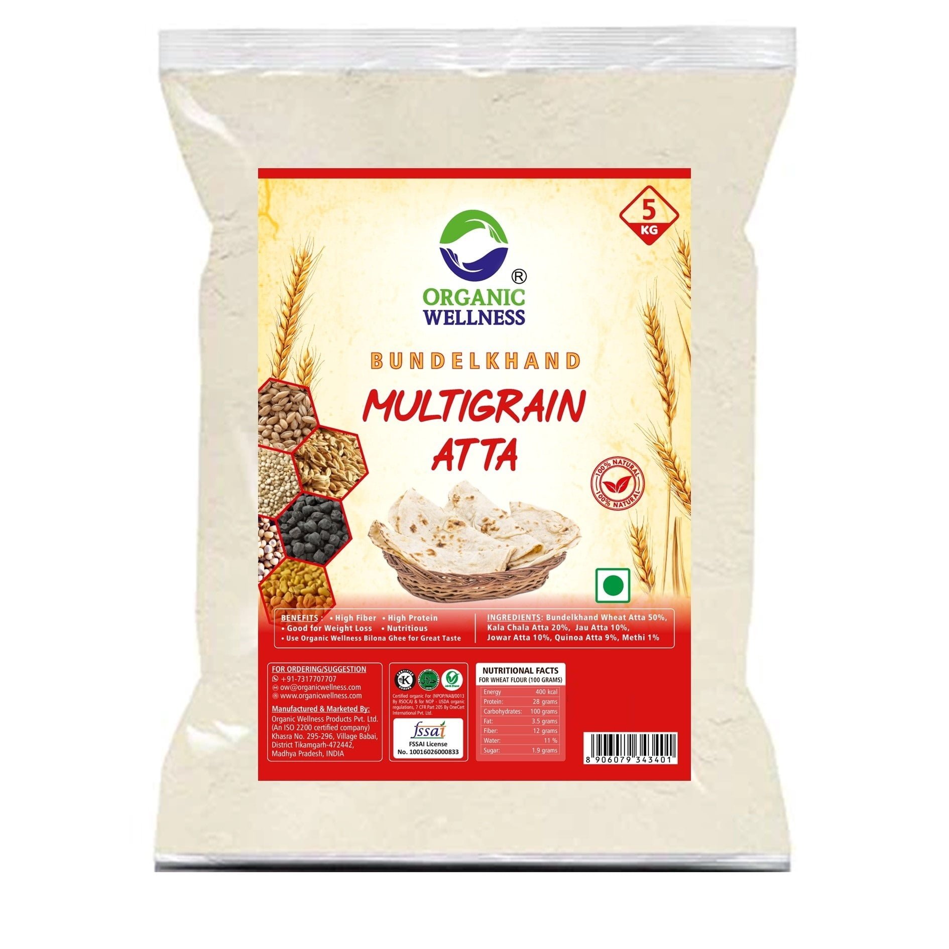 Organic Wellness Whole Wheat Multigrain Atta 5 KG Pack | Diabetic Friendly