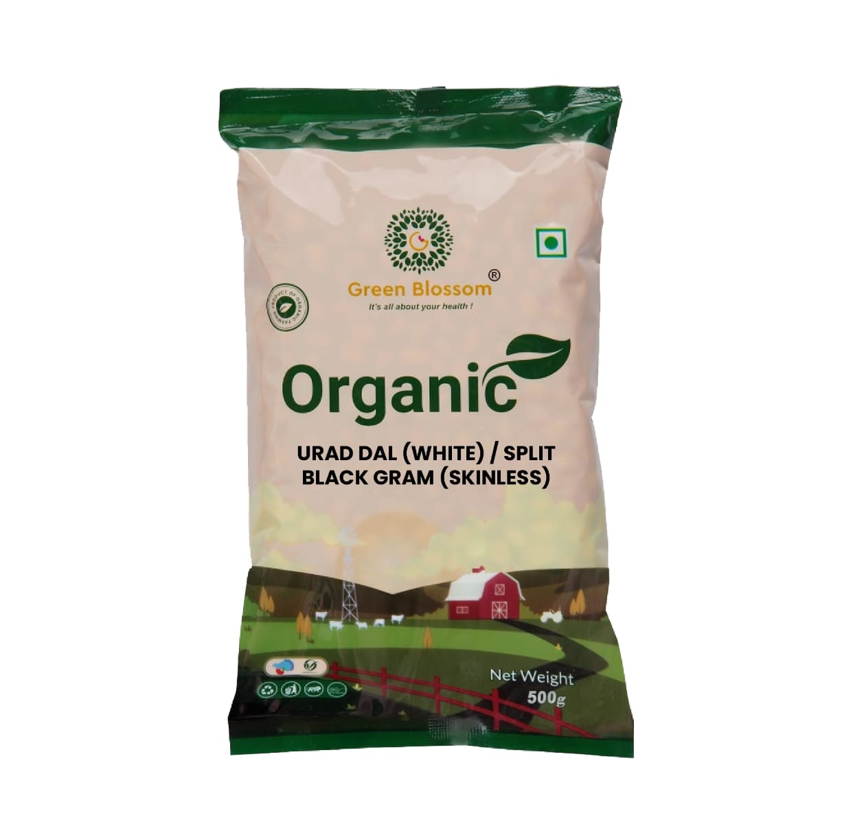 Green Blossom Organic Urad Dal (White)Split Black Gram (Skinless) - 500 G
