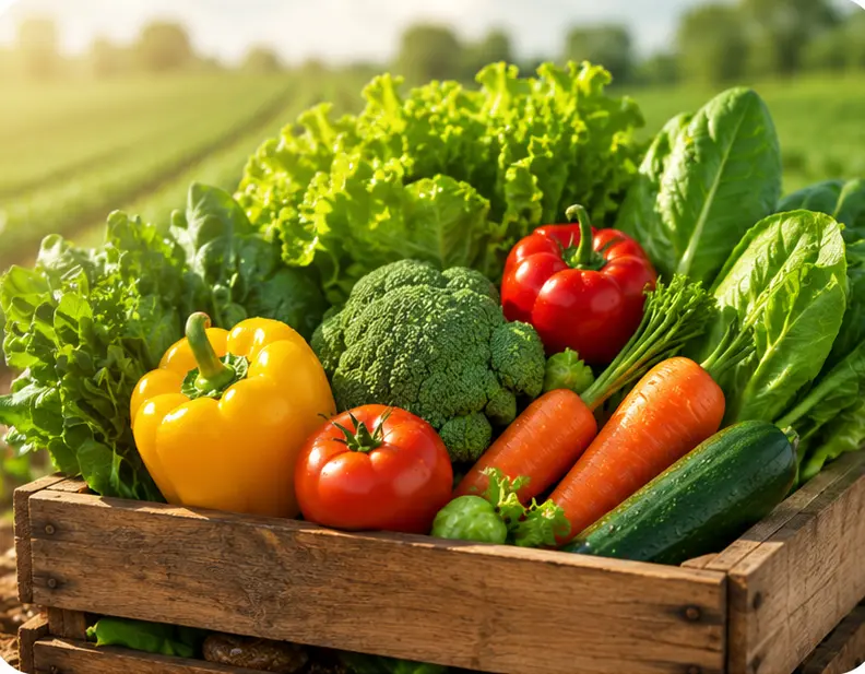 Fresh vegetables in a wooden crate